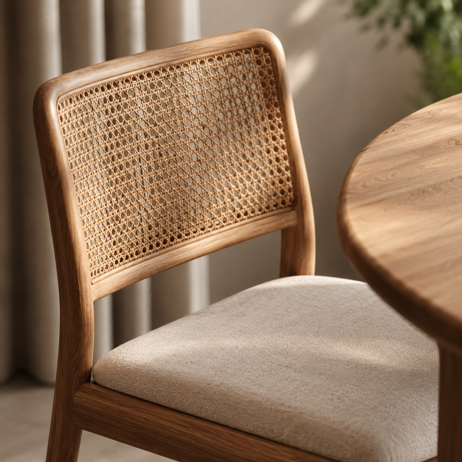Cane-back dining chair detail beside the table